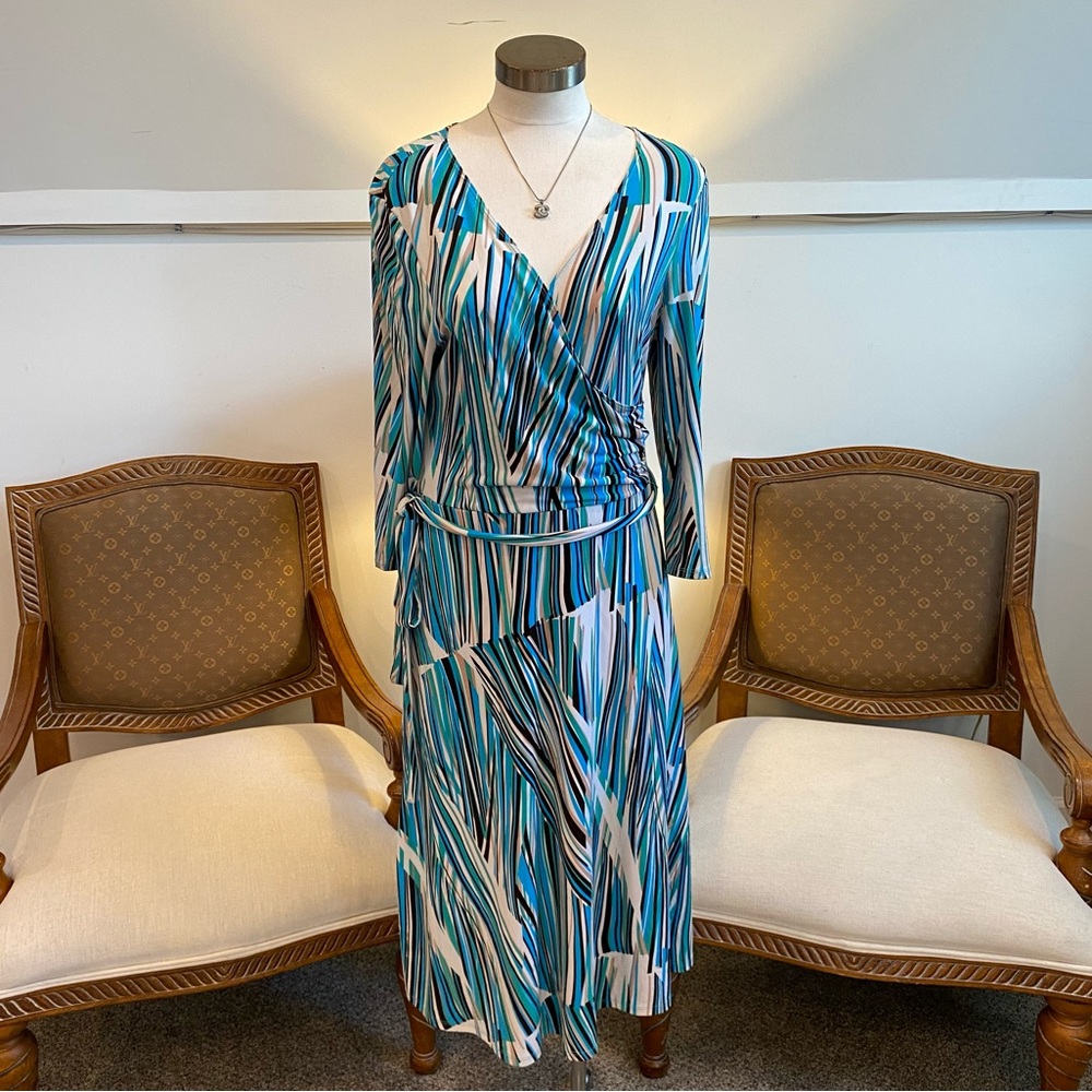 Vintage BCBG 90s Y2K Blue and White Striped Abstract Wrap Dress, Boho Grunge